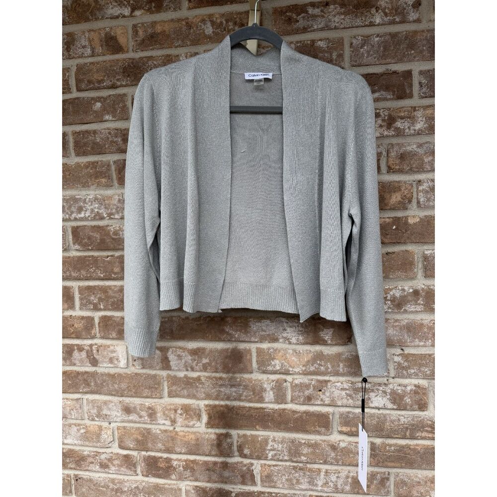 Calvin Klein Silver Metallic Open Front Cardigan Sweater L NWT